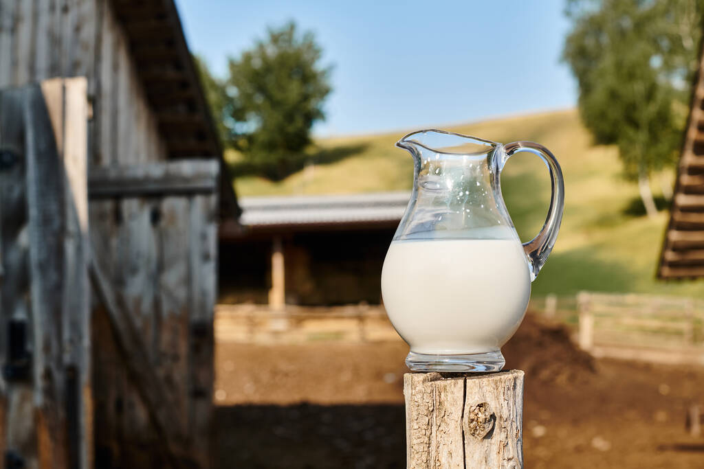 Objektfoto eines großen Glases frischer, köstlicher Milch, das außerhalb des nahe gelegenen Dorfhauses auf einem modernen Bauernhof platziert wurde - Foto, Bild
