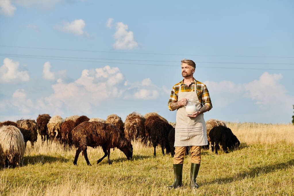 attraktiver moderner Bauer mit Tätowierungen und Bart, der ein Glas mit frischer Milch inmitten von Schafen hält - Foto, Bild