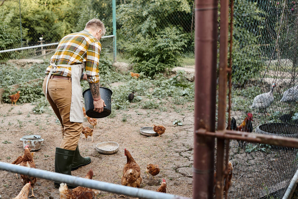 atractivo trabajador hombre con tatuajes alimentación pollos en su aviario mientras en su granja - Foto, imagen