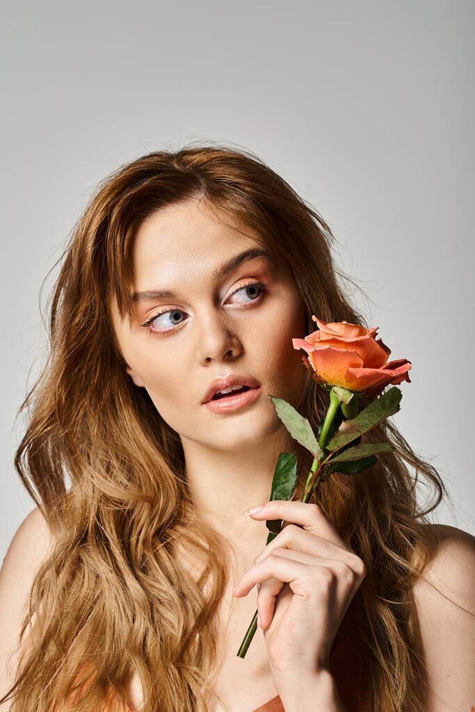 Beauty shot of pretty curious woman with blue eyes, holding peachy rose near face on grey background - Photo, Image