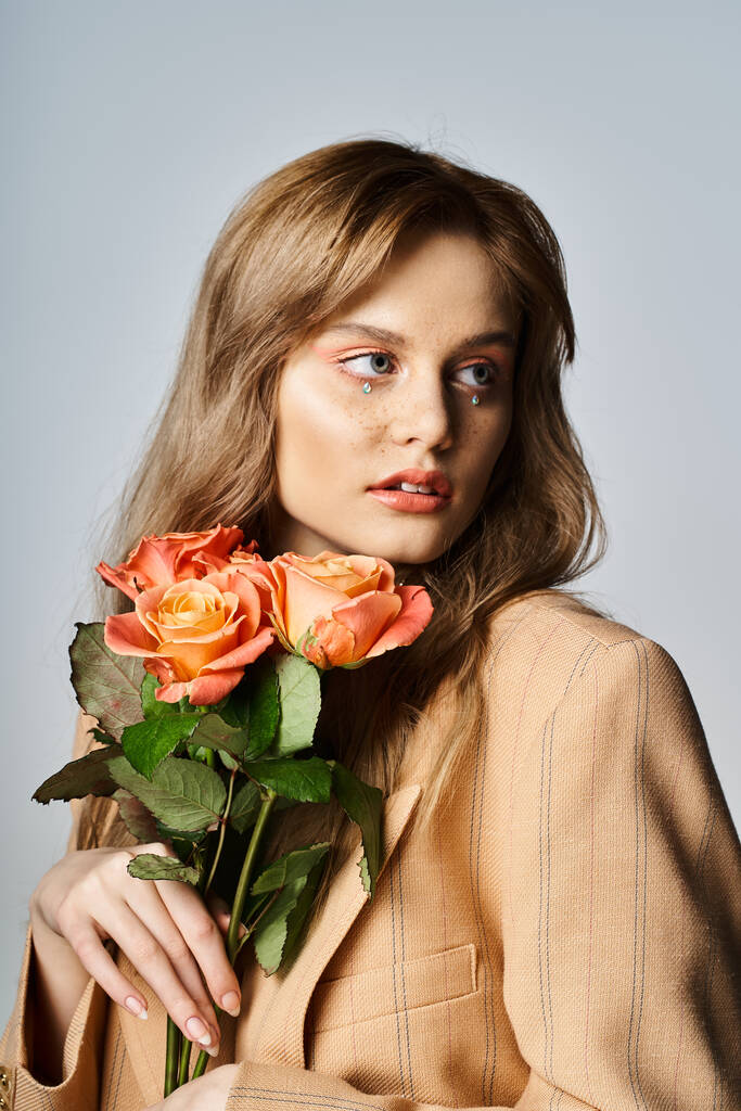 Όμορφη γυναίκα με τριαντάφυλλα κοντά στο πρόσωπο και γυμνό ροδάκινο μακιγιάζ και κοσμήματα πρόσωπο, κοιτάζοντας μακριά - Φωτογραφία, εικόνα