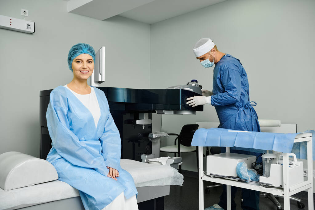 Um homem e uma mulher em esfoliação examinam um paciente em um quarto de hospital. - Foto, Imagem