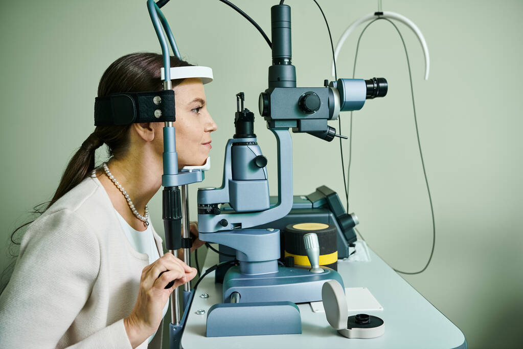 Vrouwelijke patiënt die haar gezichtsvermogen controleert. - Foto, afbeelding