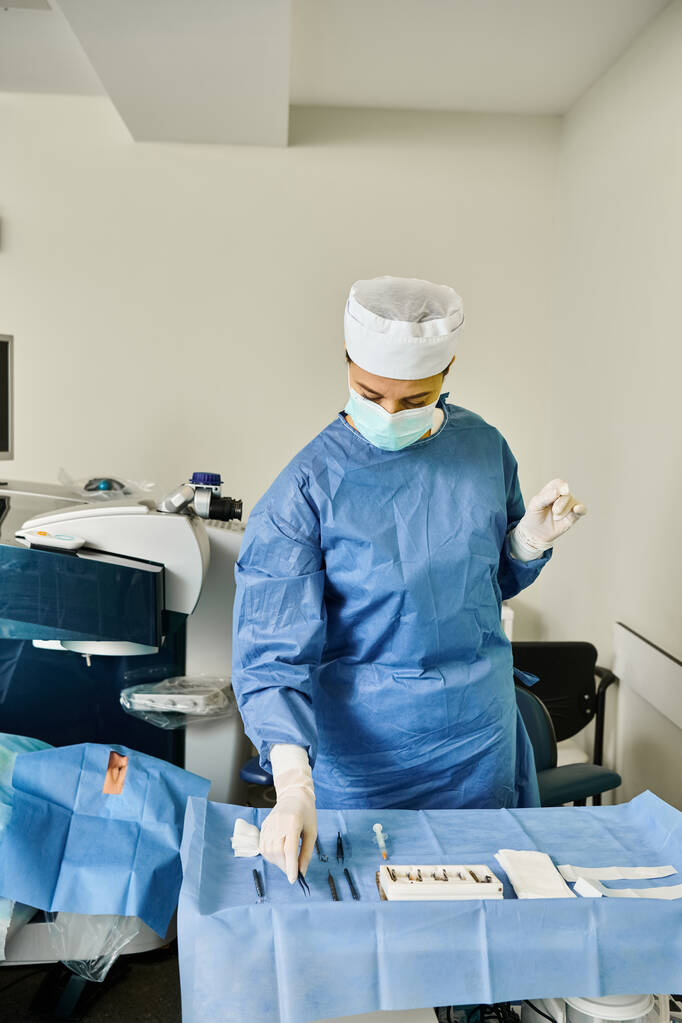 Un chirurgo esperto in abbigliamento chirurgico utilizza una macchina di precisione in un ambiente medico. - Foto, immagini