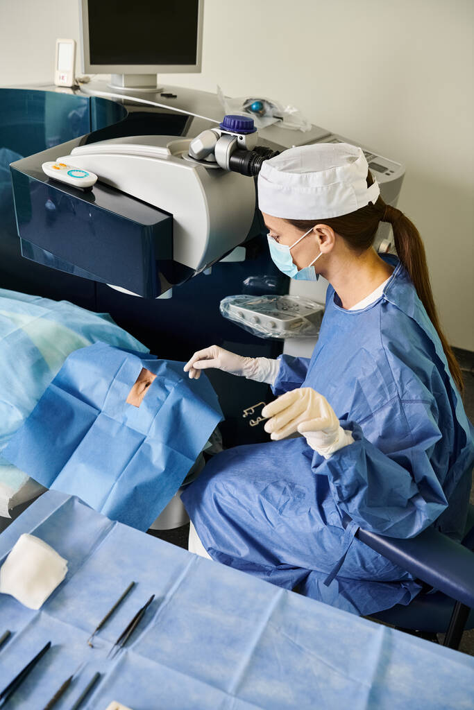 Ameliyat elbisesi giymiş bir kadın lazer görme düzeltmesi yapıyor.. - Fotoğraf, Görsel