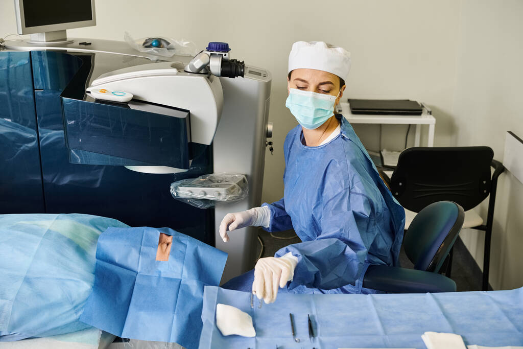Una donna che indossa una maschera chirurgica in una stanza d'ospedale durante una procedura medica. - Foto, immagini