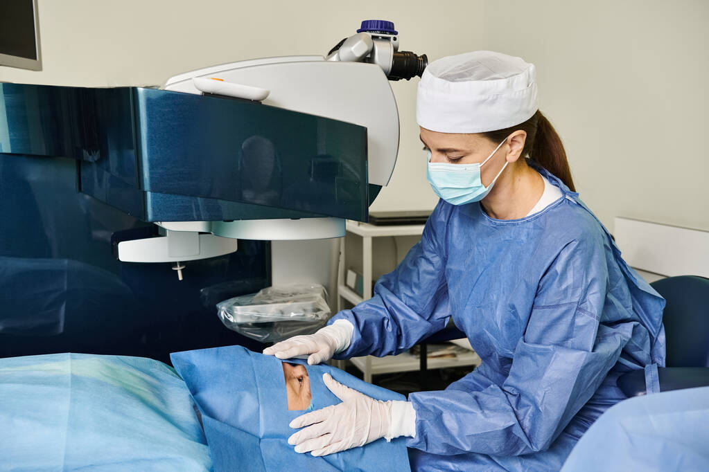外科用ガウンの女性は,レーザービジョン補正のための機械を動作させます. - 写真・画像
