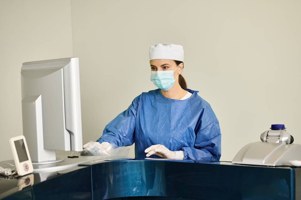 Egy nő, aki sebészeti maszkot visel, egy orvosi rendelőben ül egy asztalnál.. - Fotó, kép