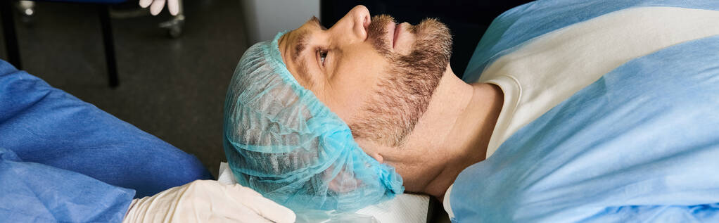 Ένας άντρας ξαπλώνει σε ένα κρεβάτι νοσοκομείου, φορώντας μια ιατρική μάσκα για προστασία.. - Φωτογραφία, εικόνα