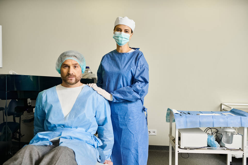 Женщина стоит в больничном платье рядом с мужчиной на больничной койке. - Фото, изображение