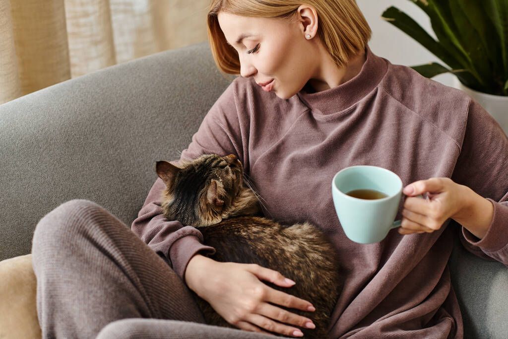 Kısa saçlı şık bir kadın kanepede dinleniyor, kahvenin tadını çıkarıyor ve kedisine sarılıyor.. - Fotoğraf, Görsel