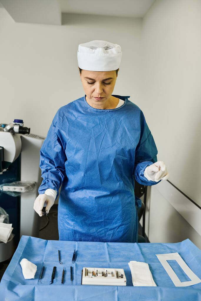 Een vrouw in een ziekenhuisjurk bereidt zich voor om een operatie uit te voeren in een operatiekamer. - Foto, afbeelding