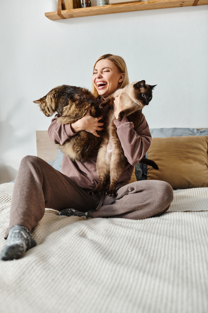 Μια γυναίκα με κοντά μαλλιά κάθεται ήσυχα στο κρεβάτι, κρατώντας δύο γάτες κοντά της.. - Φωτογραφία, εικόνα