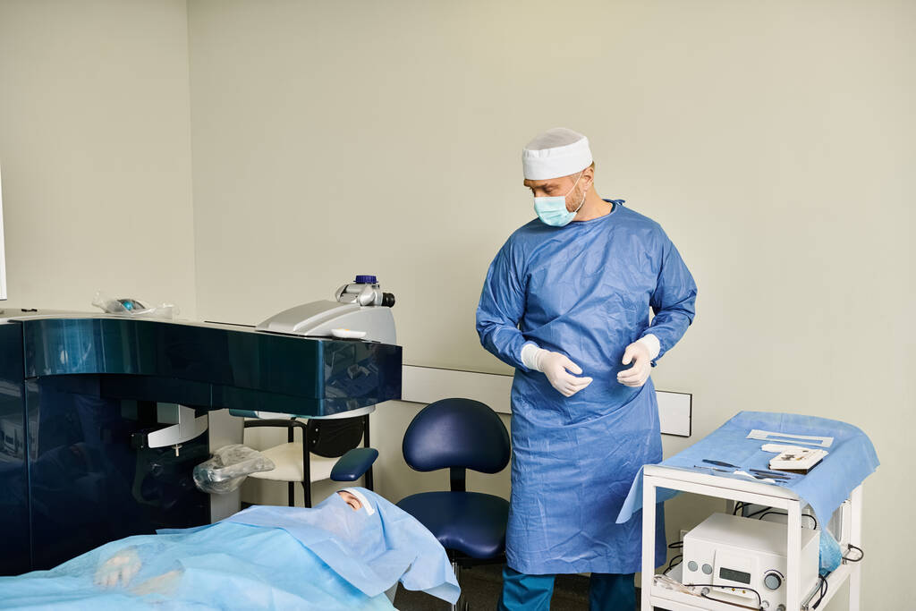 Cerrahi önlüklü bir adam tıbbi bir düzende yatağın yanında duruyor.. - Fotoğraf, Görsel