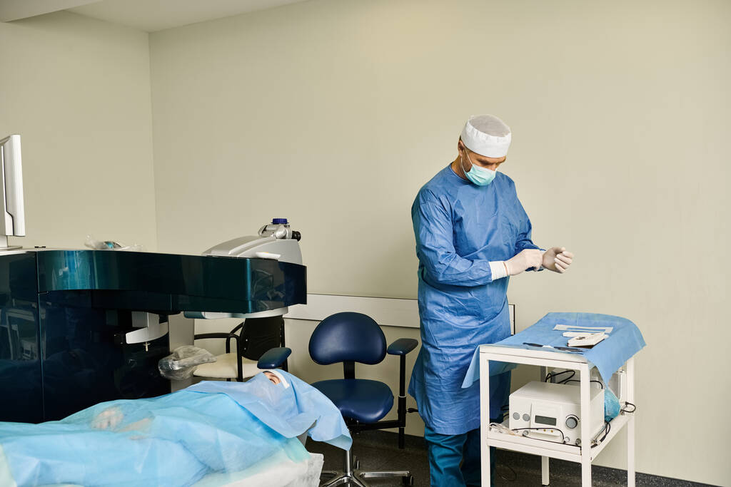 Egy sebészeti köpenyes férfi magabiztosan áll egy szobában.. - Fotó, kép