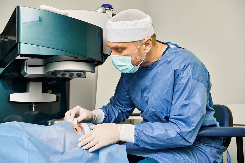 Человек в хирургическом платье управляет лазерной машиной для коррекции зрения. - Фото, изображение