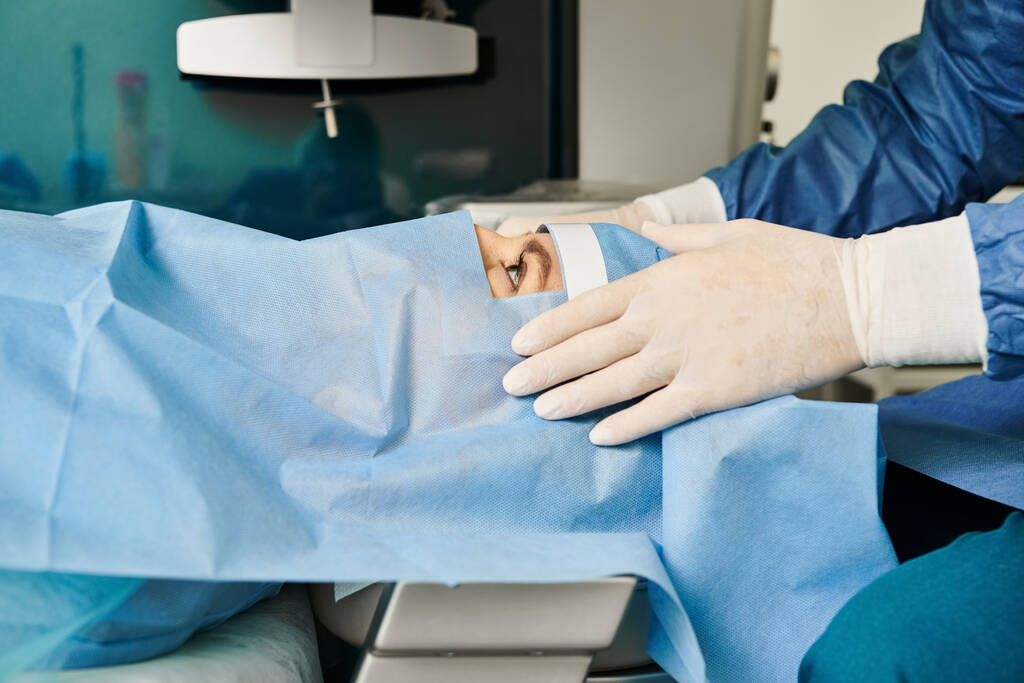 Χειρουργός που εκτελεί διόρθωση όρασης λέιζερ στο πρόσωπο των γυναικών. - Φωτογραφία, εικόνα