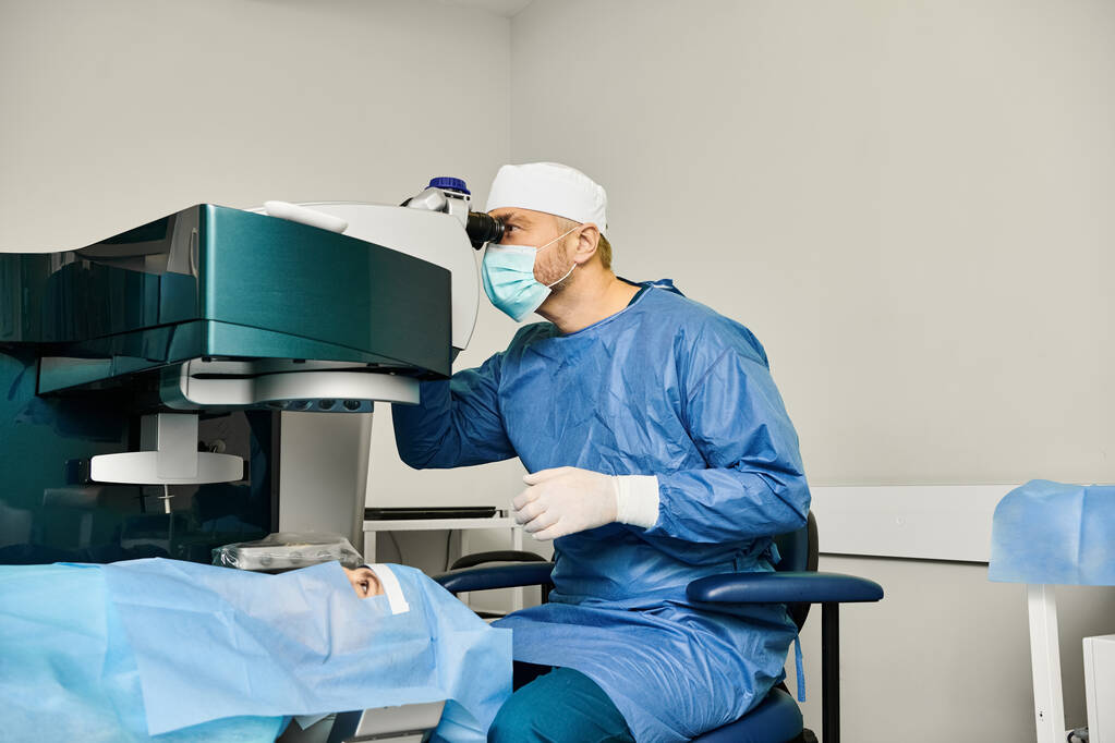 Un homme en robe chirurgicale fait fonctionner une machine médicale. - Photo, image
