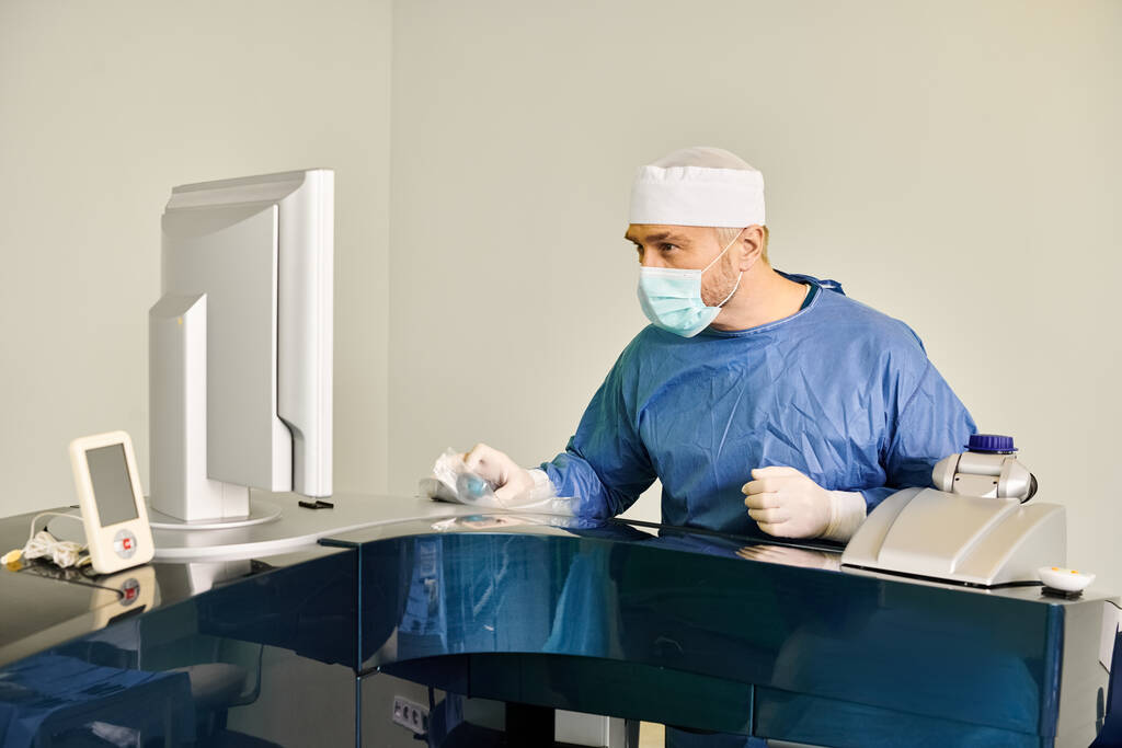 Ένας άντρας με χειρουργική μάσκα που χειρίζεται μια μηχανή με εστίαση και ακρίβεια.. - Φωτογραφία, εικόνα