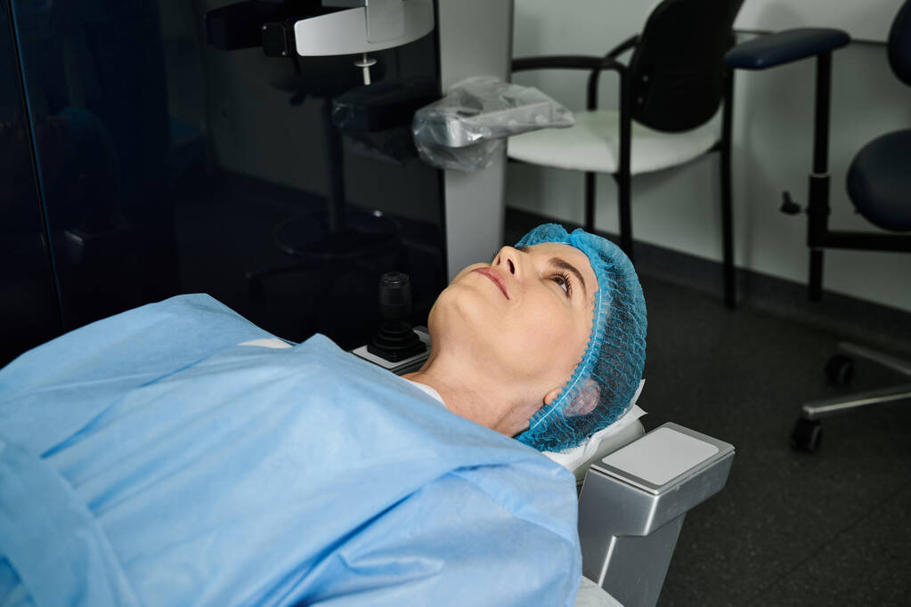 Kobieta w szpitalnym łóżku w niebieskiej czapce podczas odpoczynku. - Zdjęcie, obraz