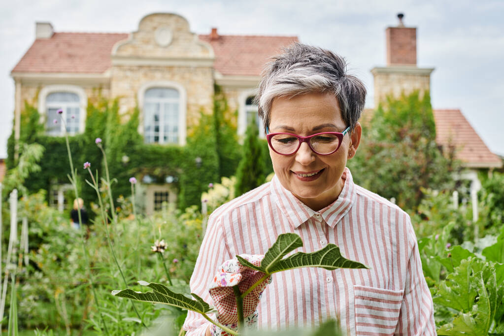 atractiva mujer madura feliz con gafas trabajando en su jardín verde vívido y sonriendo alegremente - Foto, Imagen