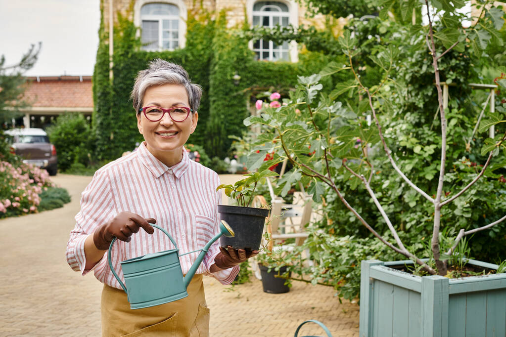 приваблива щаслива зріла жінка тримає резервуар і горщик з рослиною і посміхається на камеру, Англія - Фото, зображення
