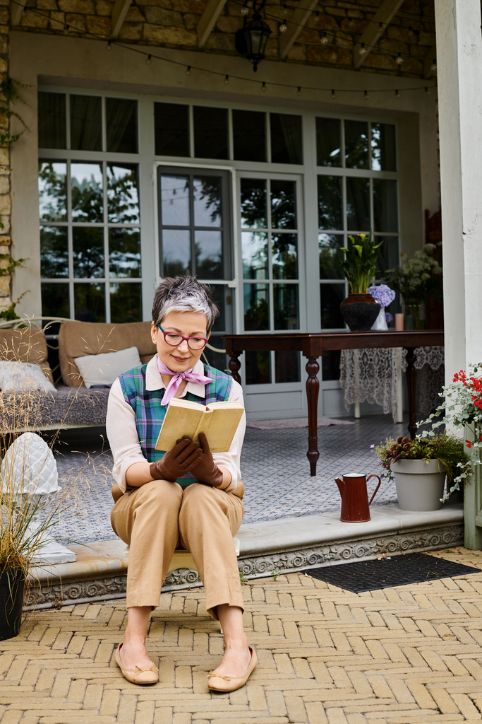 sofisticato donna gioiosa matura con occhiali lettura libro vicino alla sua casa in Inghilterra rurale - Foto, immagini