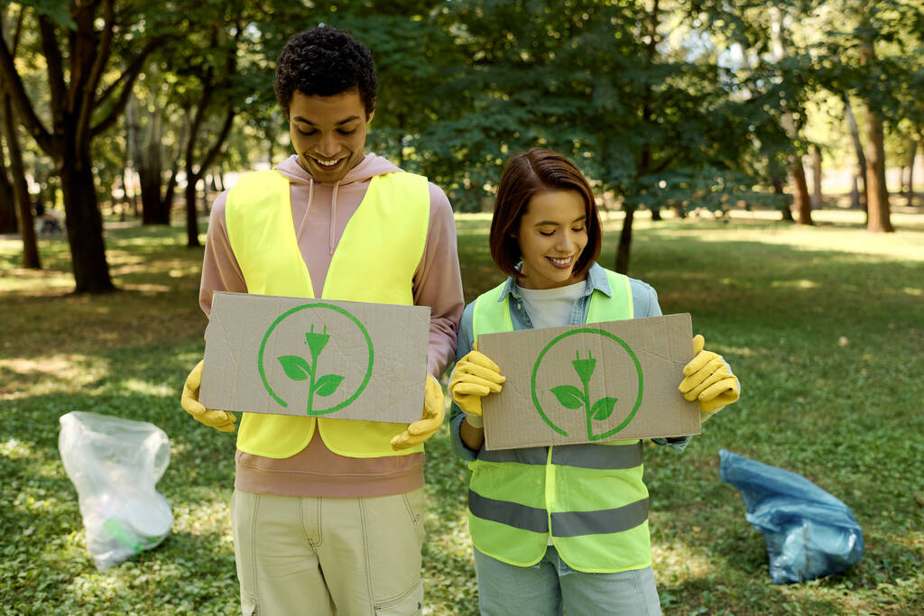 Coppia eterogenea e socialmente attiva in giubbotti di sicurezza e guanti che tengono i segni durante la pulizia di un parco insieme. - Foto, immagini