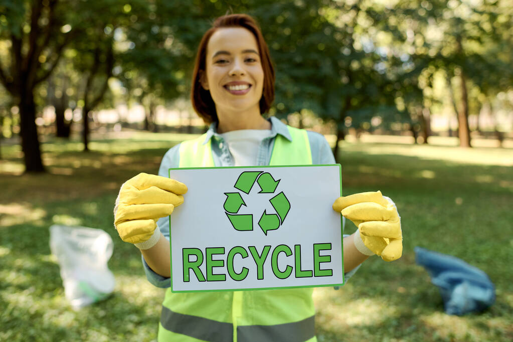 A woman wearing gloves holding a sign that says recycle, promoting environmental awareness and sustainability in a park cleanup. - Photo, Image