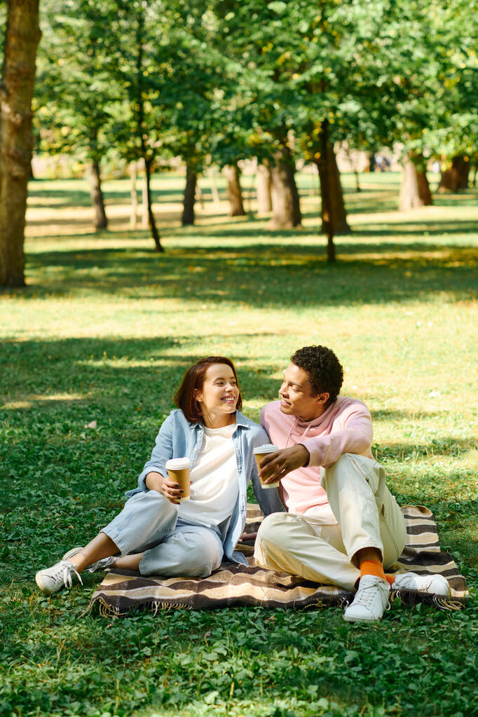 Um casal diversificado vestido com trajes vibrantes sentado em um cobertor no parque, desfrutando uns dos outros companhia. - Foto, Imagem