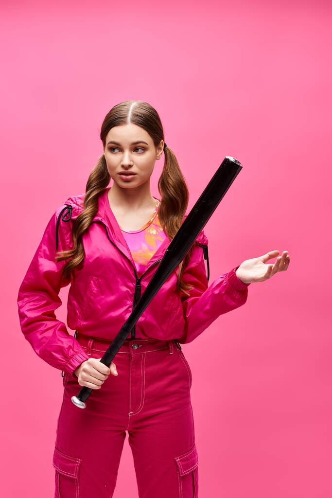 Μια νέα κομψή γυναίκα γύρω στα 20 φοράει ροζ στολή κρατώντας με χάρη ένα μαύρο ρόπαλο του μπέιζμπολ σε ένα στούντιο με ροζ φόντο.. - Φωτογραφία, εικόνα