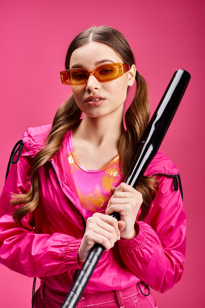 Nuori, tyylikäs nainen parikymppinen yllään vaaleanpunainen takki luottavaisin mielin pitää baseball-mailaa studiossa, jossa on vaaleanpunainen tausta. - Valokuva, kuva