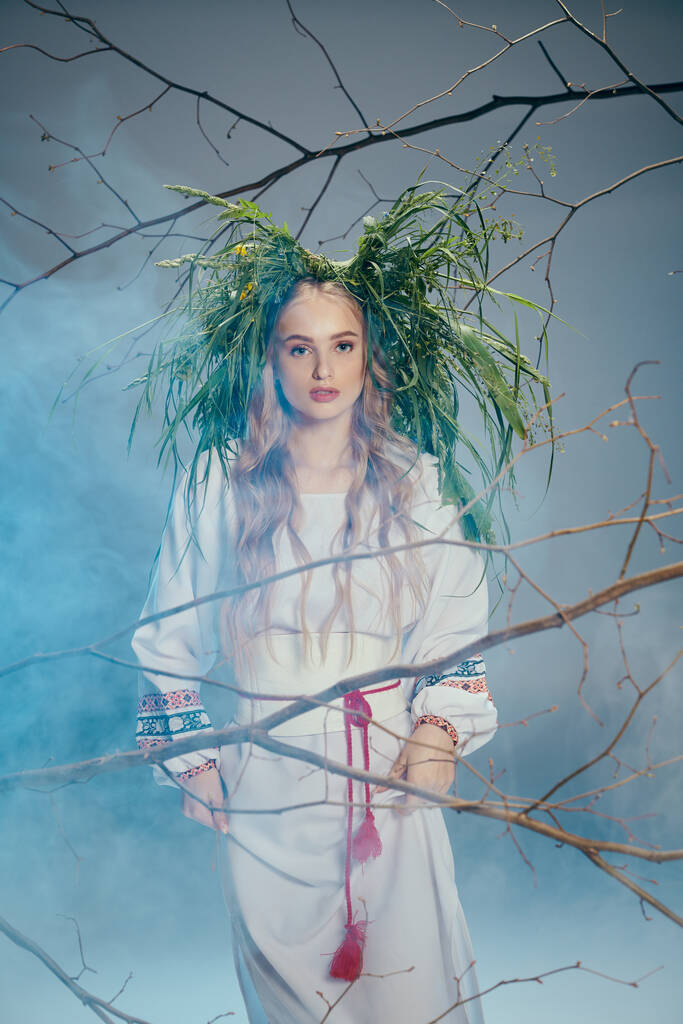 Uma jovem com um vestido branco fica graciosamente na frente de uma árvore majestosa, exalando uma aura de tranquilidade e elegância. - Foto, Imagem