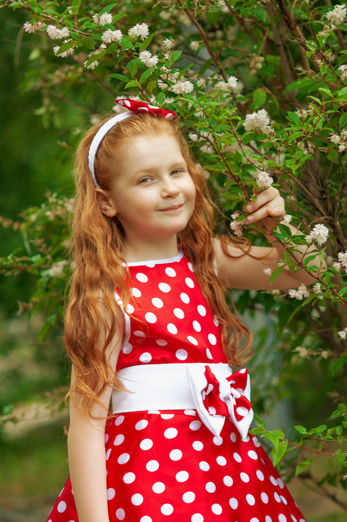 Дівчина в сукні біля квіткового куща
 - Фото, зображення