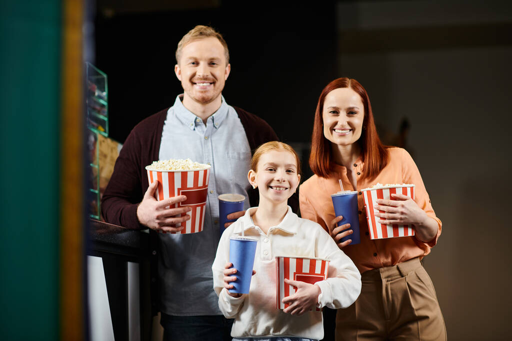 Mies, nainen ja lapsi pitävät iloisesti popcorn-laatikoita elokuvateatterissa, sitoutuvat välipalojen ja laatuajan yli yhdessä.. - Valokuva, kuva