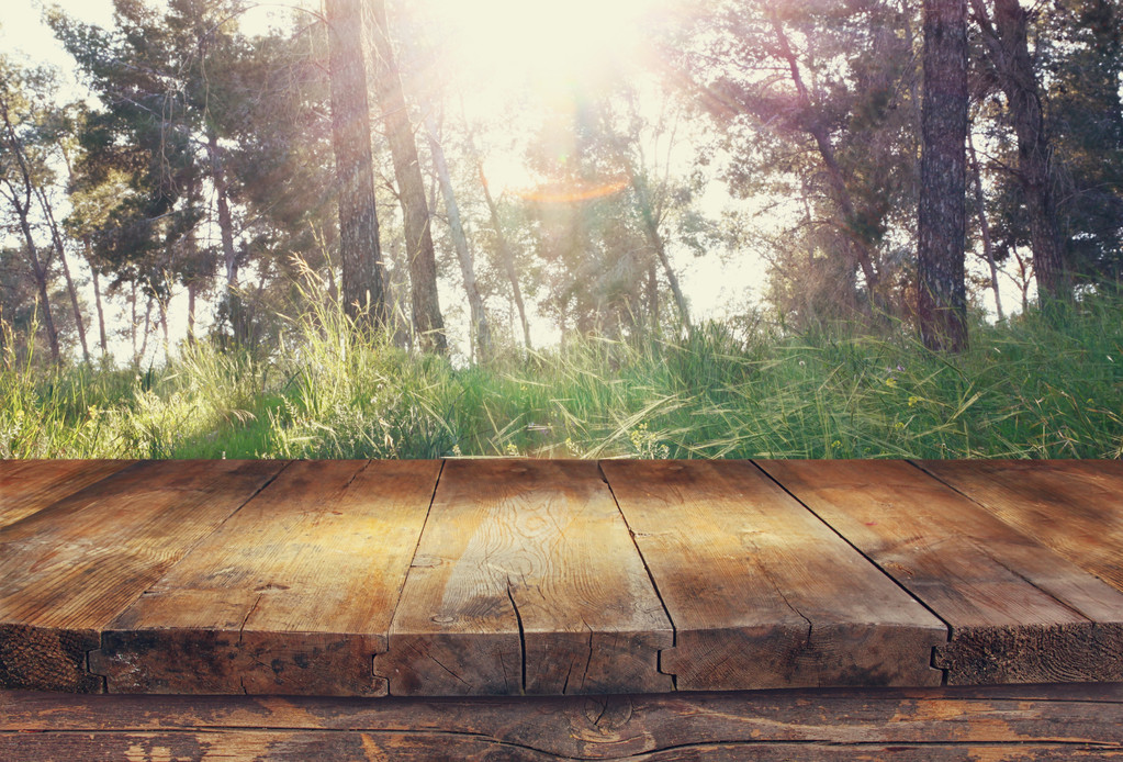 Εκλεκτής ποιότητας ξύλινη σανίδα τραπέζι μπροστά τοπίο ονειρεμένο δάσος με αναλαμπή φακού. - Φωτογραφία, εικόνα