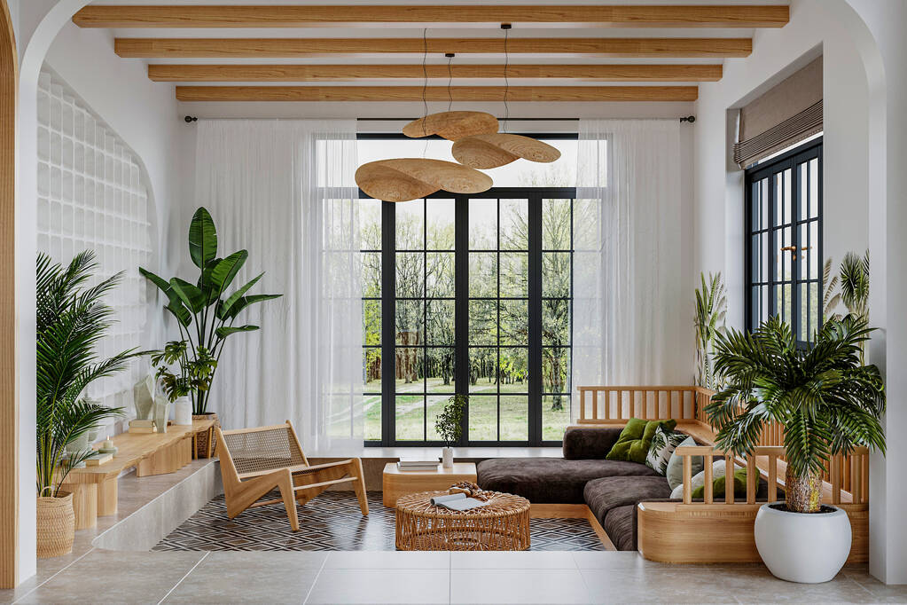 Сучасна мінімальна сучасна вітальня з білими стінами дерев'яними меблями, денне світло з вікна - Фото, зображення