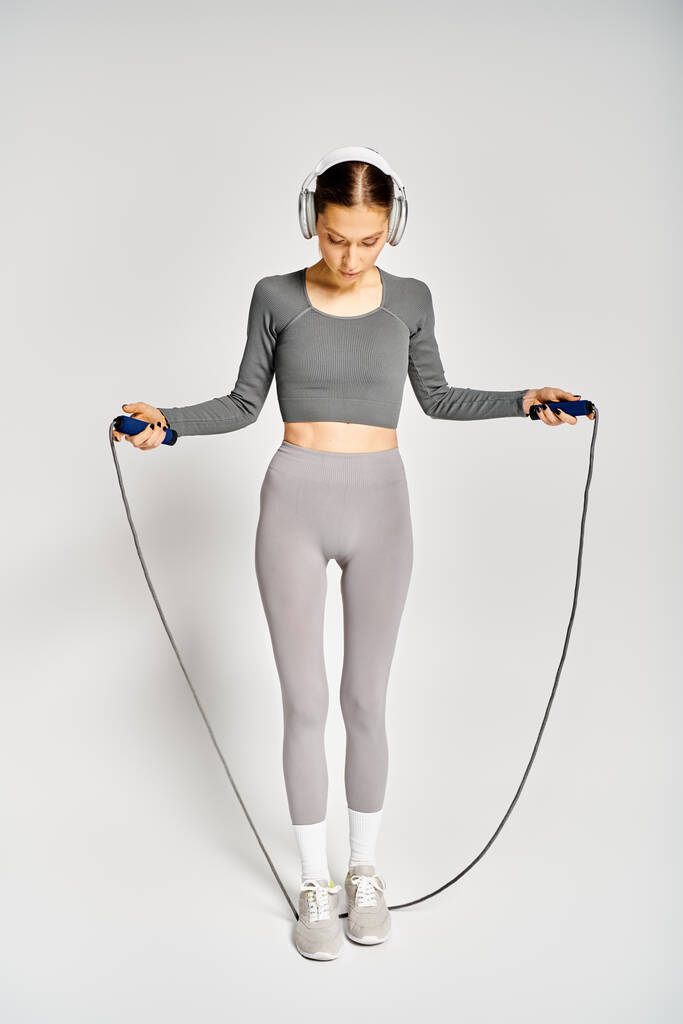 Sportliche junge Frau in aktiver Kleidung, hält Springseil in der Hand, hört Musik über Kopfhörer auf grauem Hintergrund. - Foto, Bild