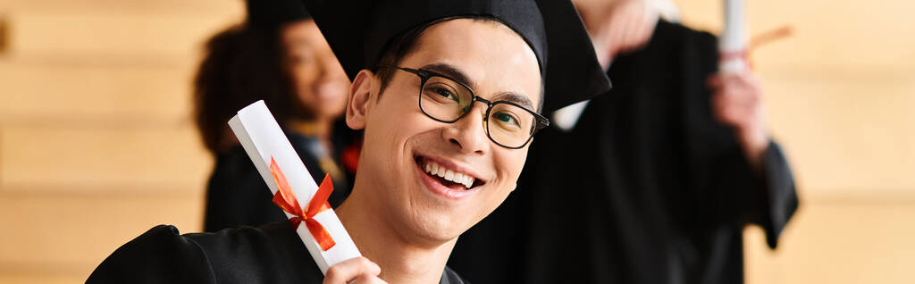 Μια ποικιλόμορφη ομάδα φοιτητών με ακαδημαϊκά φορέματα και καπέλα γιορτάζουν την αποφοίτηση, κρατώντας διπλώματα με χαμόγελα ολοκλήρωσης. - Φωτογραφία, εικόνα