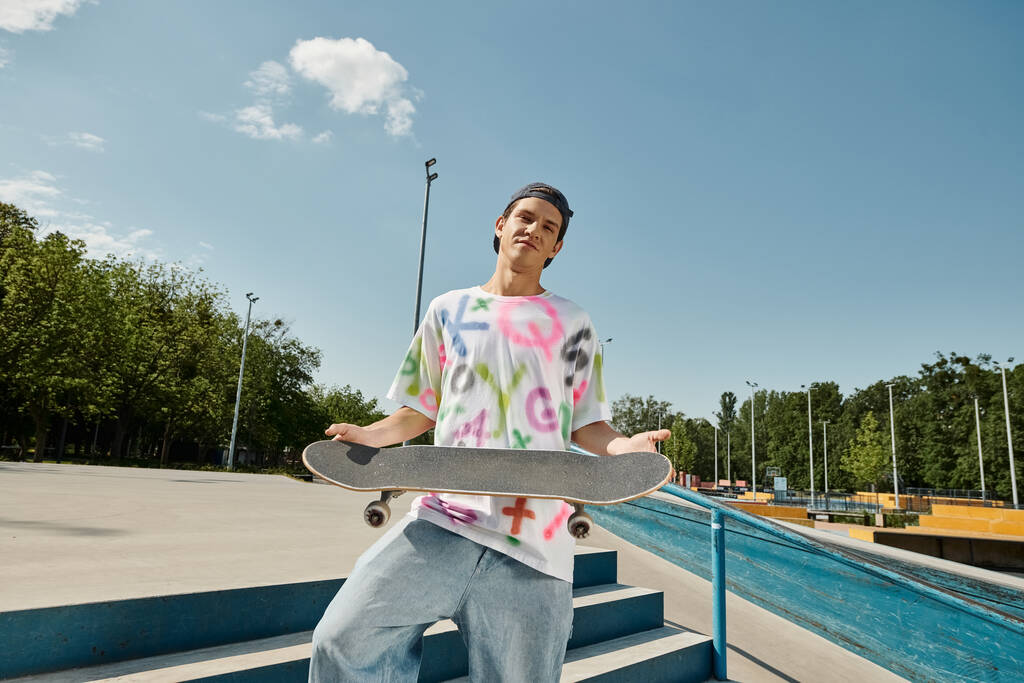 Молодой человек уверенно держит скейтборд, стоя на городских ступеньках, источая чувство свободы и мастерства.. - Фото, изображение