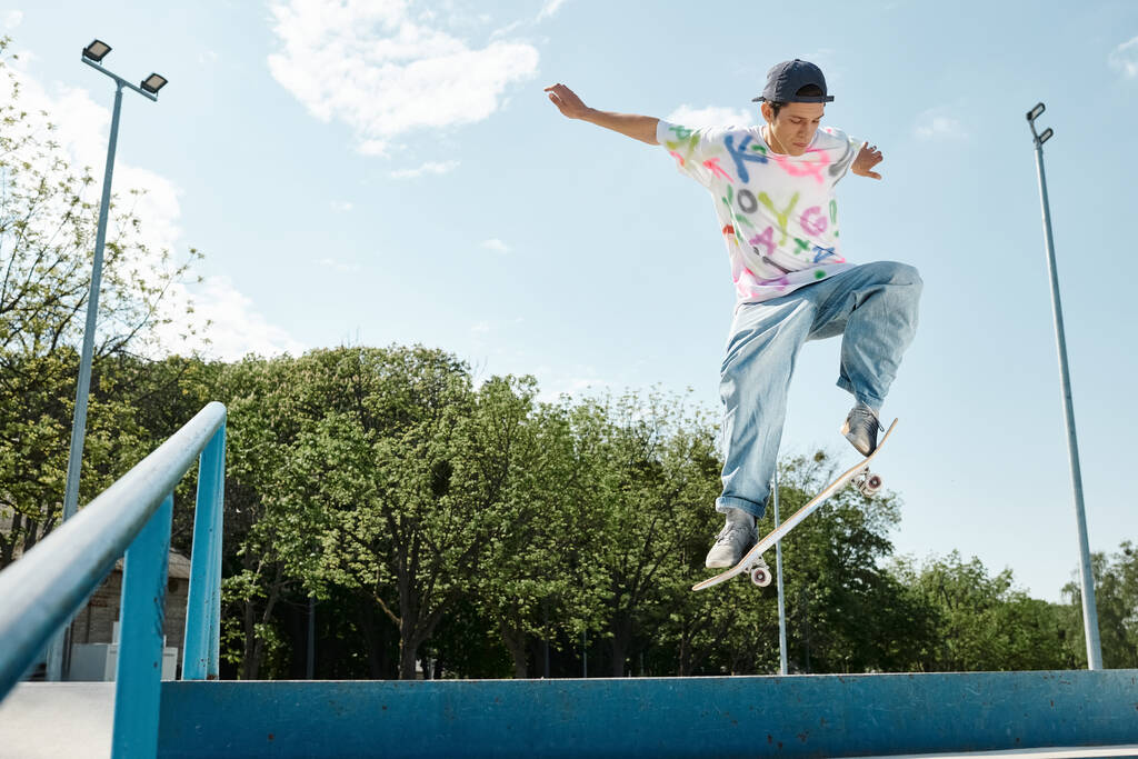 Ein junger Skater-Junge fährt furchtlos mit seinem Skateboard die Seite einer lebendigen blauen Schiene in einem Sommer-Skatepark hinunter. - Foto, Bild