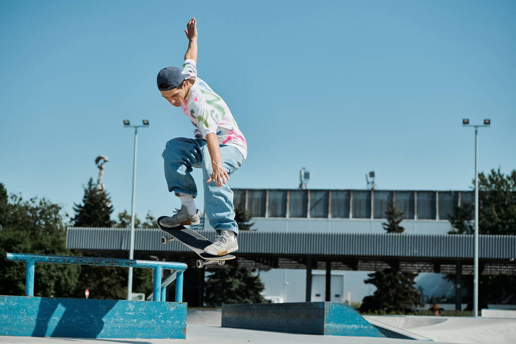 Mladý bruslař chlapec vzdoruje gravitaci, když jezdí na svém skateboardu po straně rampy v pulzující venkovní skate park na slunném letním dni. - Fotografie, Obrázek