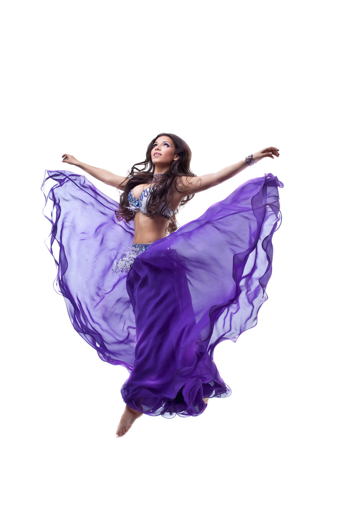 Beautiful girl jump in dance with flying fabric - Photo, Image