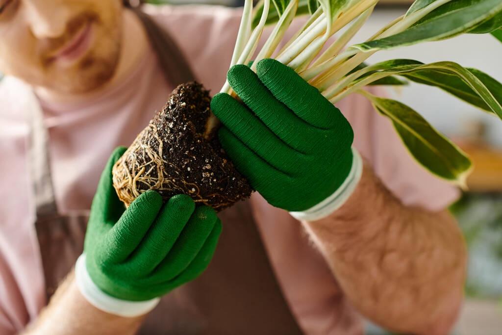 Een man met groene handschoenen houdt een plant zorgvuldig vast en toont zijn toewijding aan het koesteren en cultiveren van nieuw leven in een plantenwinkel.. - Foto, afbeelding