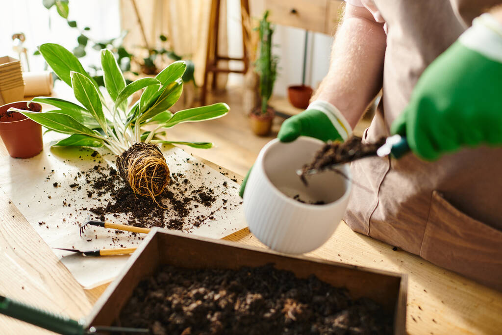 Egy zöld kesztyűs ember finoman egy dobozban tart egy növényt, egy kis virágüzletben bemutatva a gondozást és a részletekre való odafigyelést.. - Fotó, kép