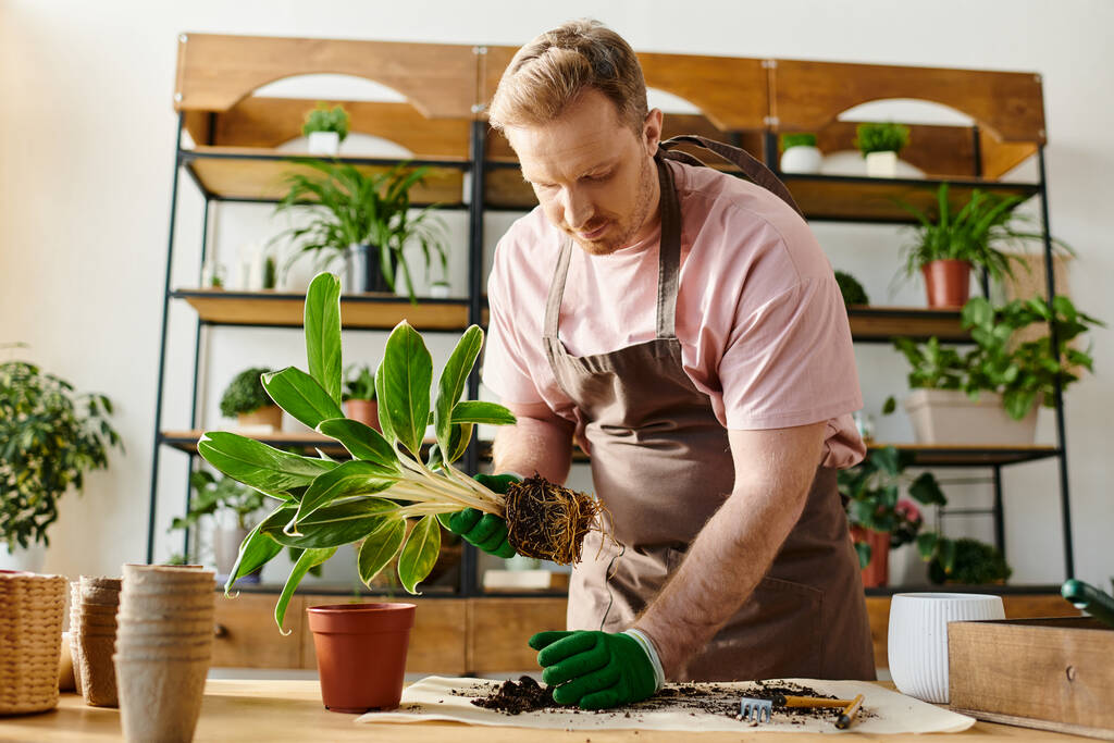Un uomo in grembiule e guanti che si prende cura di una pianta con attenzione. - Foto, immagini