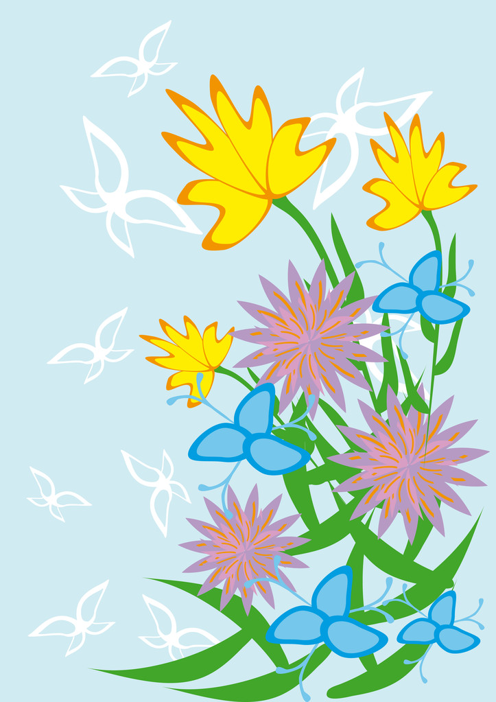 Marco con mariposas y flores
 - Vector, Imagen