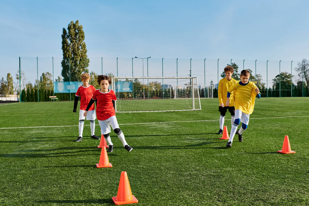 Ryhmä nuoria poikia pelaa innokkaasti jalkapalloa vihreällä kentällä. Ne ovat dribbling, kulkee, ja ammunta pallo jännitystä ja iloa. - Valokuva, kuva