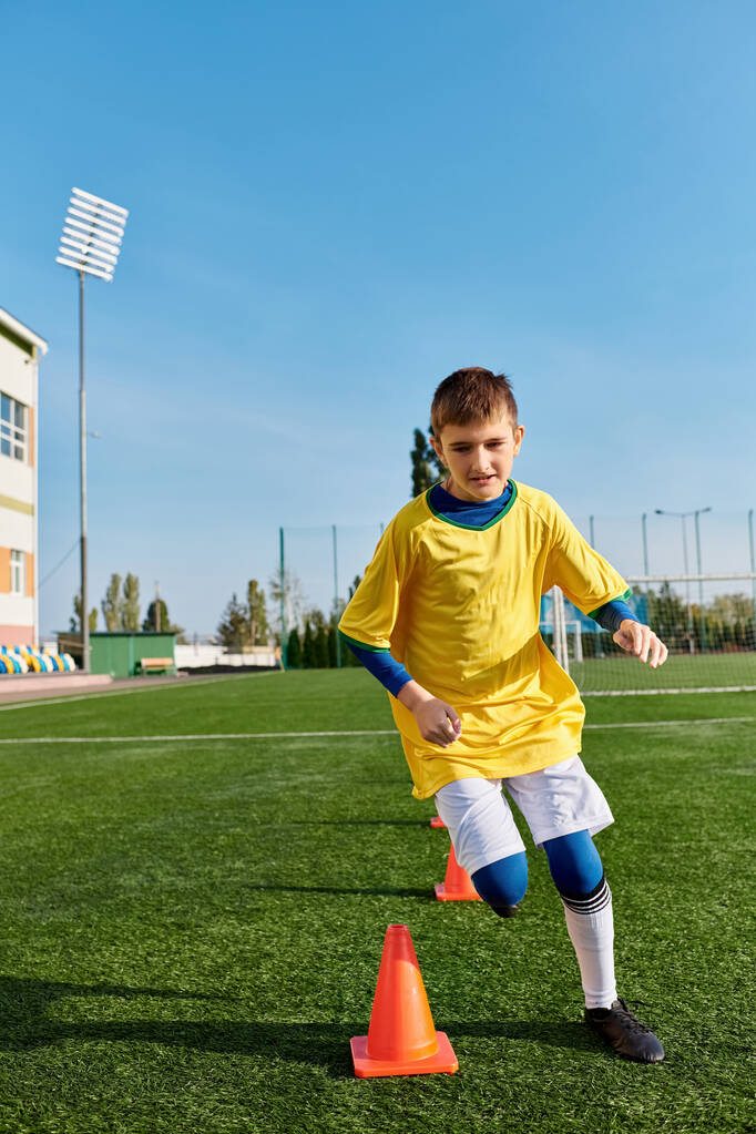 Un joven experto patea apasionadamente una pelota de fútbol alrededor de un cono, demostrando un impresionante control y agilidad en sus movimientos en el campo. - Foto, Imagen
