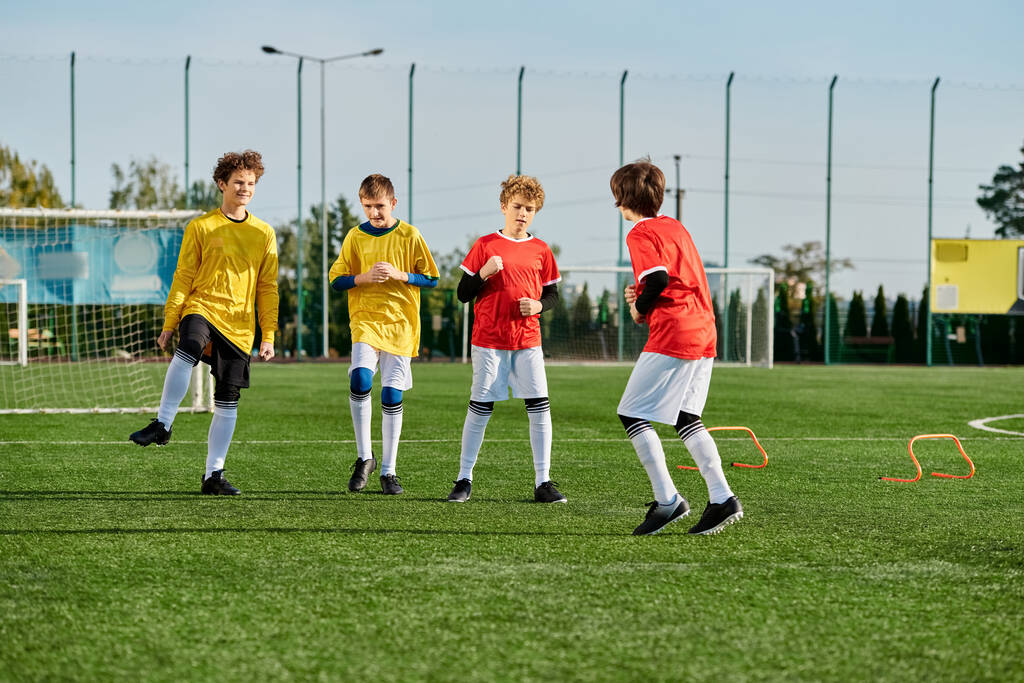 Un grupo de chicos jóvenes orgullosamente están en la cima de un campo de fútbol, celebrando su logro con alegría y triunfo. - Foto, imagen